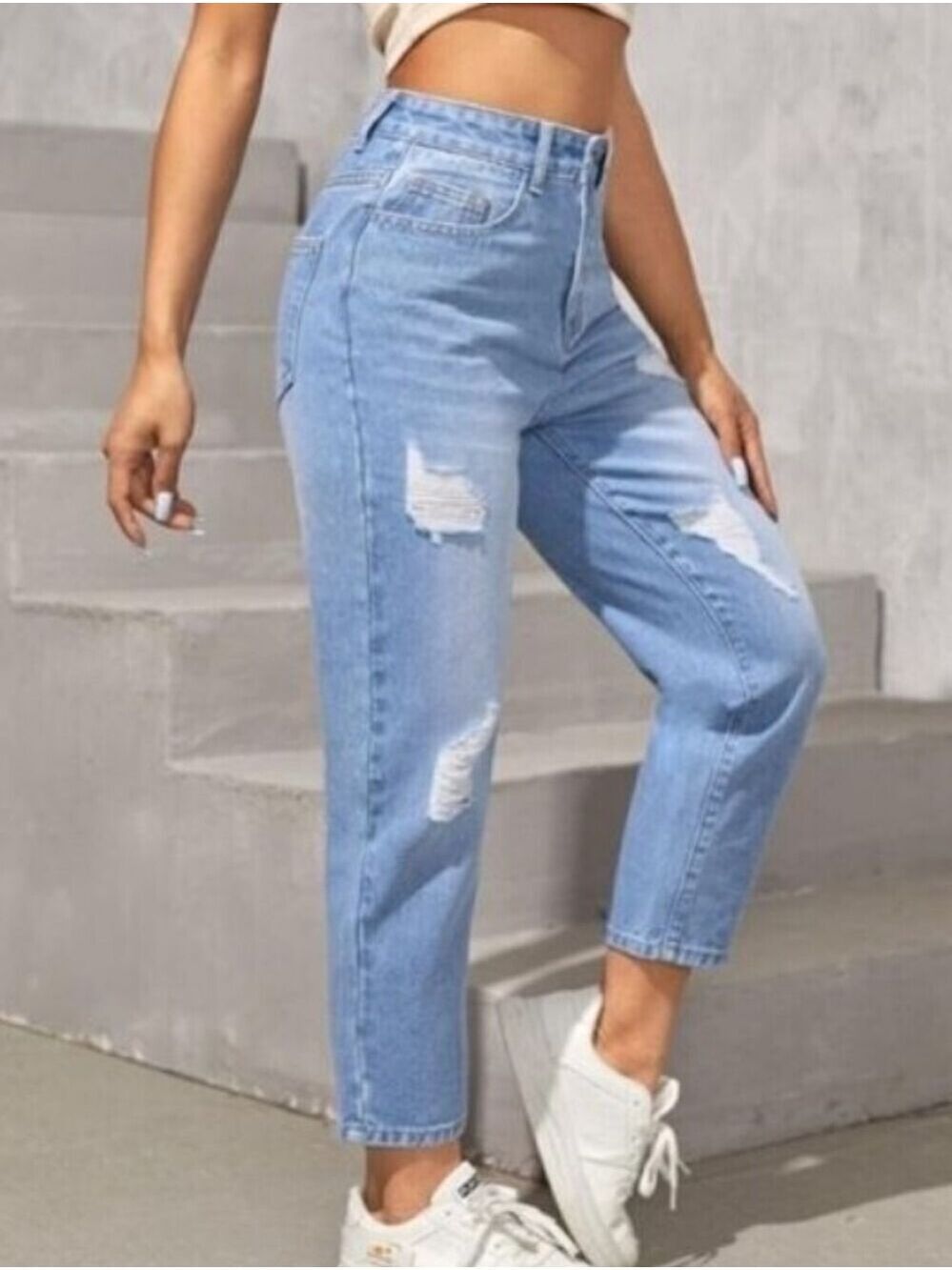 SHEIN High Waisted Distressed Ripped Lightwash Ankle Mom Jeans Size Small
